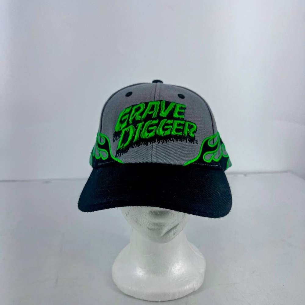 Monster Jam Grave Digger Hat Grey Black Neon Green Flame Snapback Cap 2018